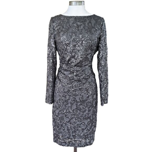 NEW Lauren RALPH LAUREN Gray Sequin Cocktail Dress Size 14 Long Sleeve Sheath - Picture 1 of 9